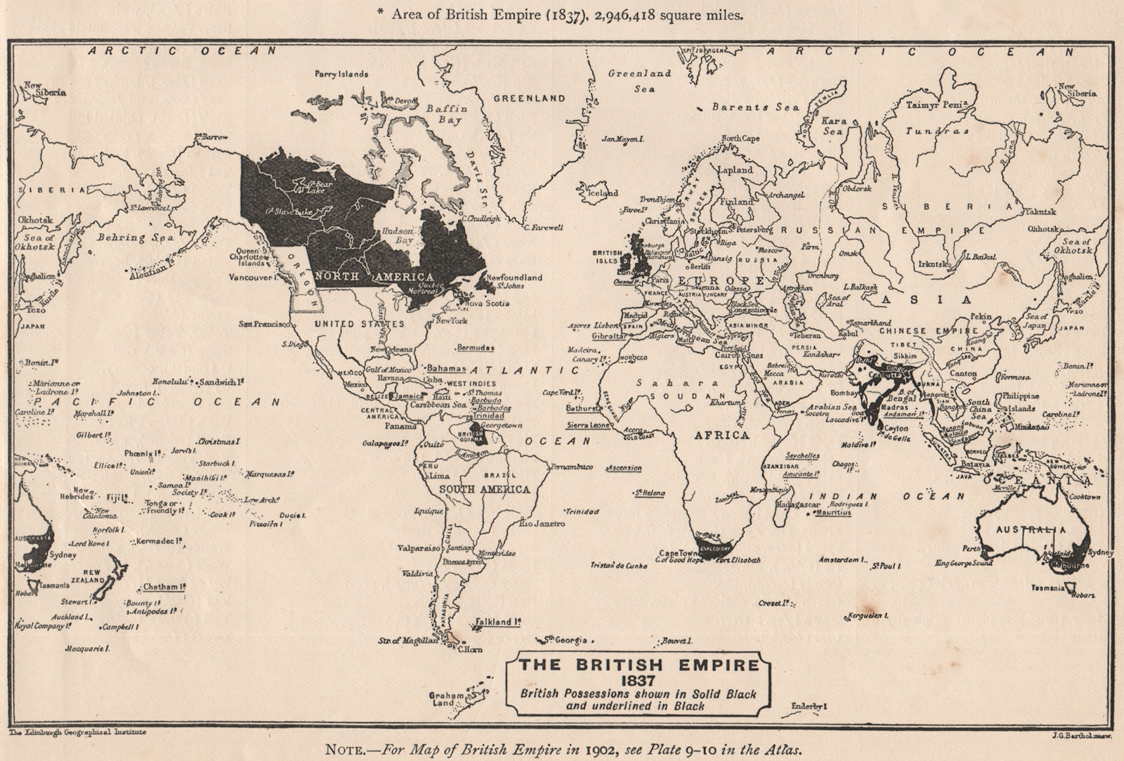 BRITISH EMPIRE. The British Empire in 1837. Sketch map. BARTHOLOMEW 1901